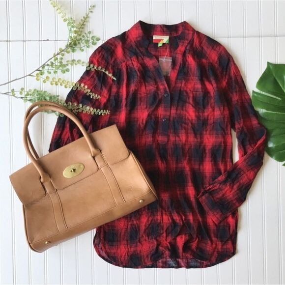 Anthropologie x Fervour Red Buffalo Plaid Quarter Button Long Line Tunic Top L - Picture 1 of 8